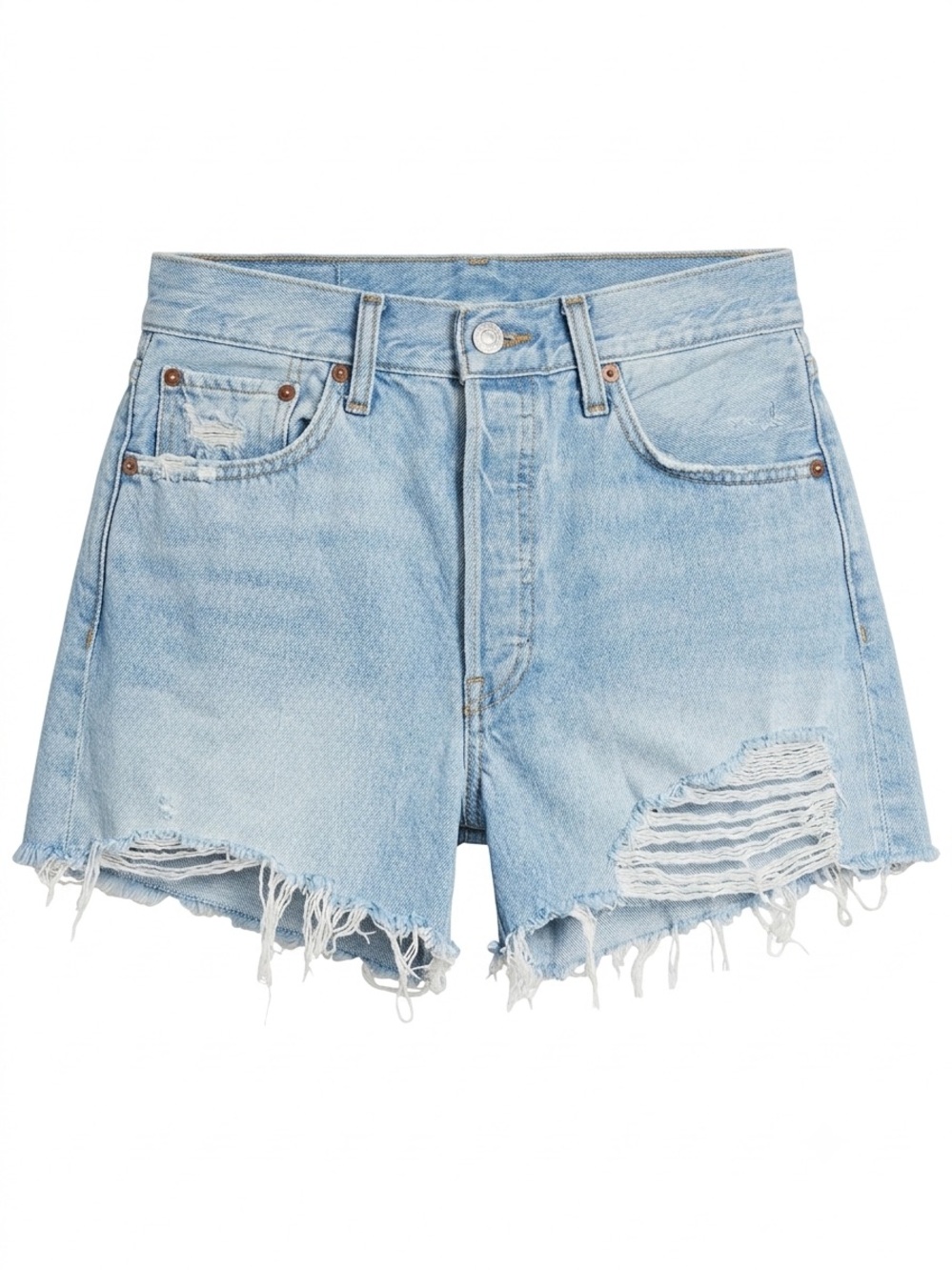 Re/Done Light Blue Distressed High-Rise Jean Shorts